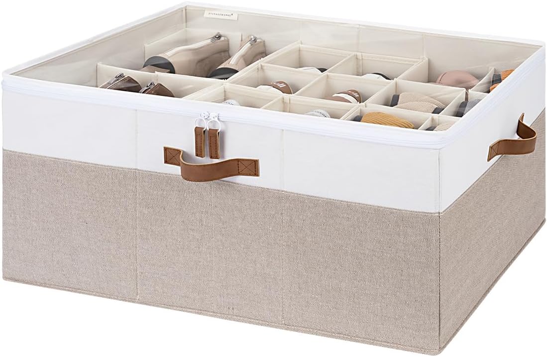 StorageWorks Shoe Organizer for Closet, Fits up to 24 Pairs, Shoe Cubby Storage Containers with Adjustable Dividers and Clear Cover, Brown & White