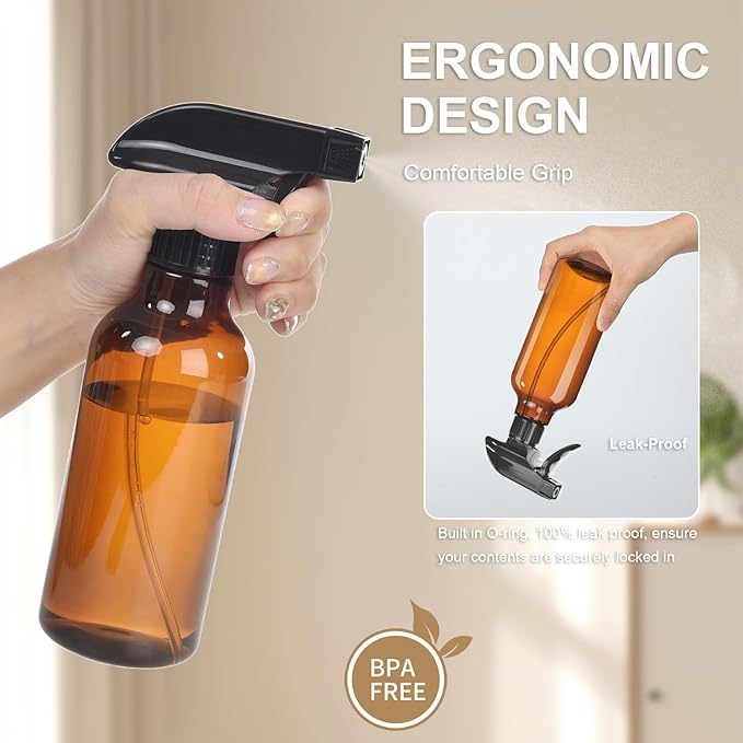 Plastic Spray Bottles, 2-Pack, 16.9 Oz, Mist & Stream, Heavy Duty Spraying, Empty Water Spray Bottle for Cleaning Solutions, Essential Oils, Hair, Plants, BBQ, Cat Dog Behavior Correction (Amber)