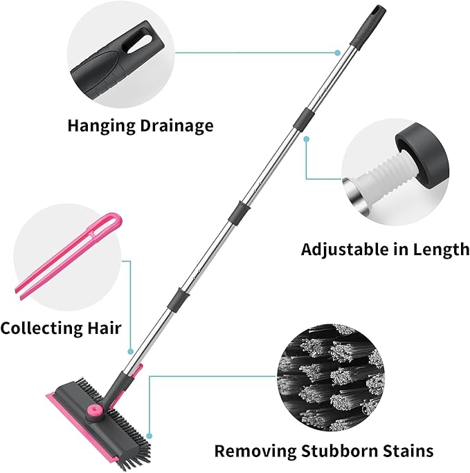 AIR U+ Floor Scrub Brush with Long Handle, 3 in 1 Scrape and Heavy-Duty Stiff Bristle Scrubber Brush for Cleaning Shower Bathroom, Patio, Pool, Garage