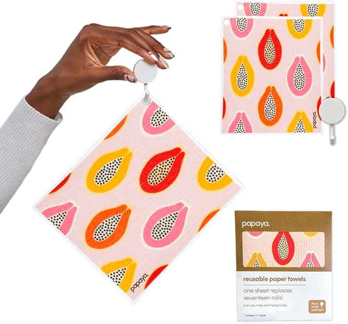 Papaya Reusable Paper Towels, Premium Swedish Dishcloths with Hook, Non-Scratch Reusable Paper Towel, 1 Sheet Replaces 17 Rolls - 2 Sheets, 1 Hook
