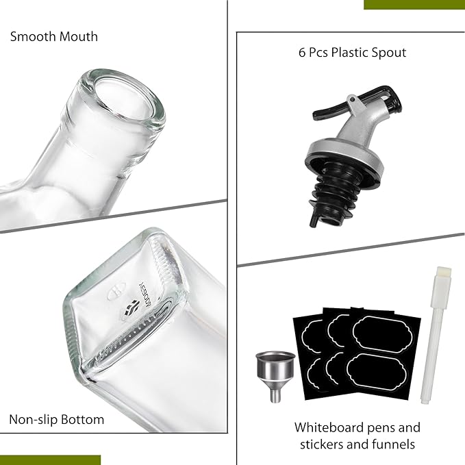 YEBODA 8oz Clear Glass Olive Oil Dispenser Bottles, and Vinegar Cruet Bottle Includes Pourers, Funnel Labels, Cooking Container for Kitchen 6 Pack