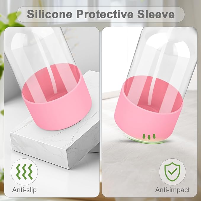 Worldgsb 2 Pack Glass Spray Bottles with Silicone Sleeve, 16 oz Empty Refillable Containers with Adjustable Spray Nozzles, Spray Bottles for Hair, Cleaning Solutions and Plants Pink