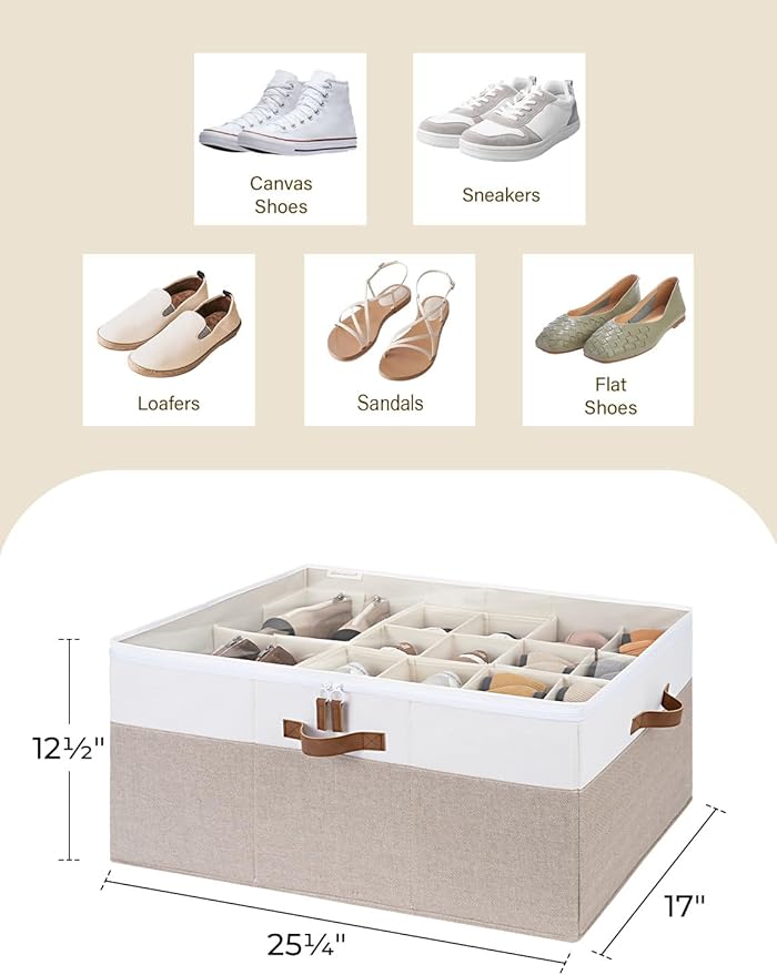 StorageWorks Shoe Organizer for Closet, Fits up to 24 Pairs, Shoe Cubby Storage Containers with Adjustable Dividers and Clear Cover, Brown & White