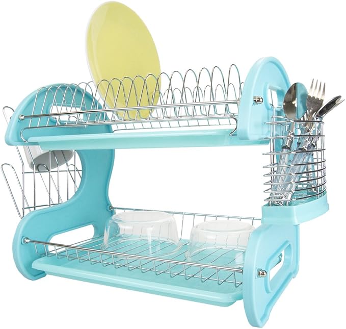 2 Tier Dish Drainer, by Home Basics (Turquoise) Dish Rack for Kitchen Counter, with Cutlery Holder and Cup Slots