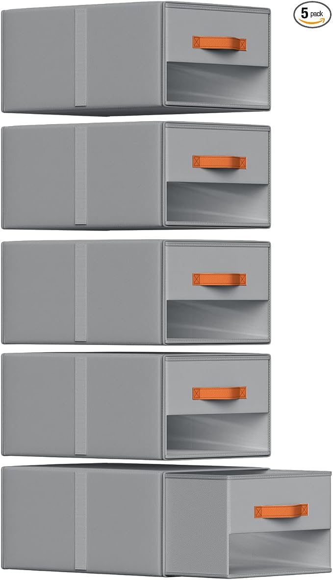 Stackable Storage Drawers - Pull Out Storage Bins with Drawers for Closet Clothes Organizers with Weekly Labels & Clear Window, Closet Shelf Storage for Bedroom, Living Room, 5 Pack, Grey