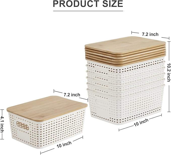 Bagnizer Small Plastic Storage Bins with Bamboo Lids 5.2qt Stackable Box Basket Pantry Decorative Containers Cute with Labels for Organizing Desktop