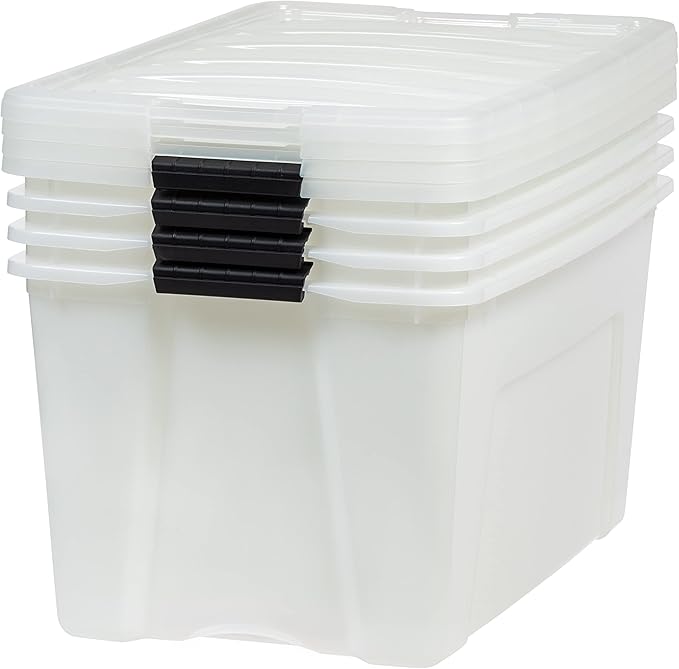 IRIS USA 72 QT Plastic Storage Box with Lid and Latches - 4 Pack - BPA-Free, Discreet Organizing Solution, Durable Nestable Stackable Containers, Secure Pull Handle - Pearl