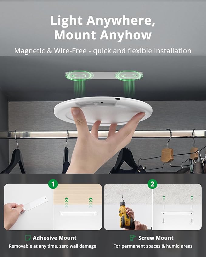 Bojim Rechargeable Ceiling Lights with Remote Wireless Battery Operated Motion Sensor Waterproof Shower Lighting, 3CCT & Dimmable Stick On Closet Overhead for Pantry Porch Renter Friendly 2 Pack