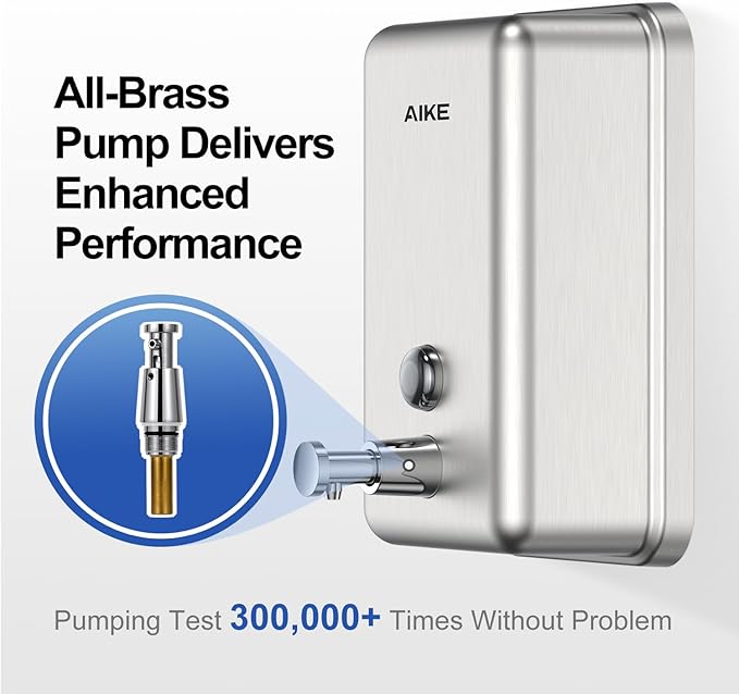 AIKE Nail-Free Glue Wall Mount Stainless Steel Soap Dispenser, 37oz for Commercial Brushed Stianless Steel Finish,Model AK1003