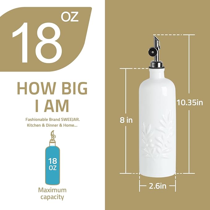 Sweejar 18 Oz Oil Dispenser for Kitchen with Gravity Spout, Ceramic Olive Oil Dispenser Bottle, Relief Opaque Vinegar Container for Evoo, Vinegar, Soy Sauce, Pack of 1(White, Gold Spout)