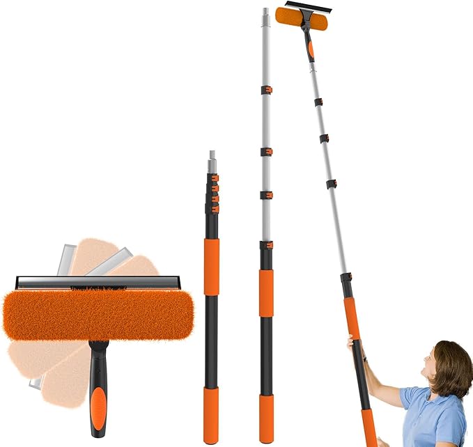 Buyplus 26Ft High Reach Squeegee for Window Cleaning Kit with 5 to 20 Foot Extension Pole, Extendable Window Cleaner Squeegee, Telescopic Window Washing Kit for Indoor/Outdoor High Window