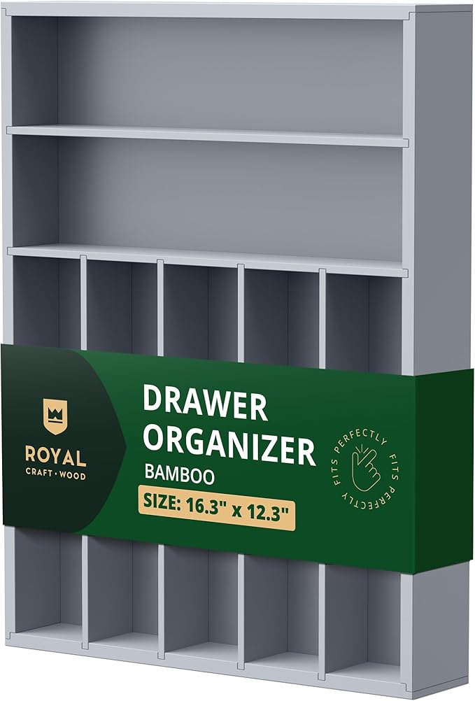 ROYAL CRAFT WOOD Luxury Bamboo Kitchen Drawer Organizer - Silverware Organizer - Utensil Holder and Cutlery Tray with Grooved Drawer Dividers for Flatware and Kitchen Utensils (7 Slot, Gray)