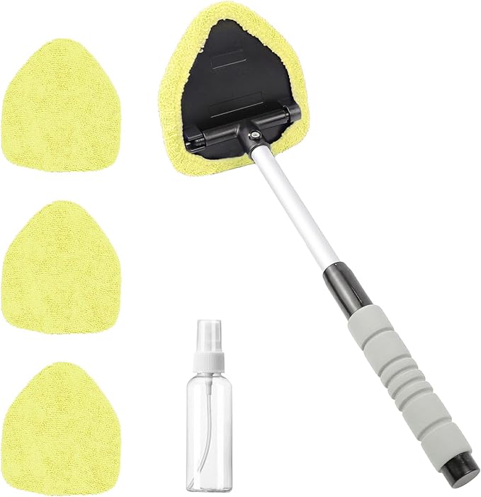 Wuyaoyao Car Windshield Cleaning Tool, Car Windshield Window Cleaner, Auto Window Glass Cleaning Kit with Extendable Handle & Reusable Microfiber Pad & Spray Bottle, Universal Car Accessories (Yellow)