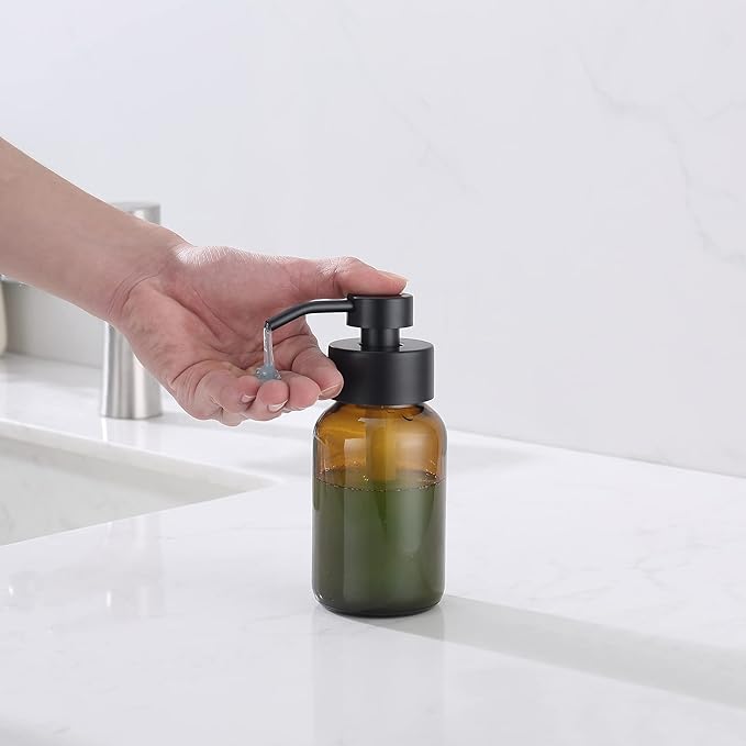 Glass Soap Dispenser, Soap Dispenser Drill Free Wall Mount, Thick Glass Amber Bottle Wall Mount, Round Bottles Dispenser with Rustproof Pump Black Pump Head