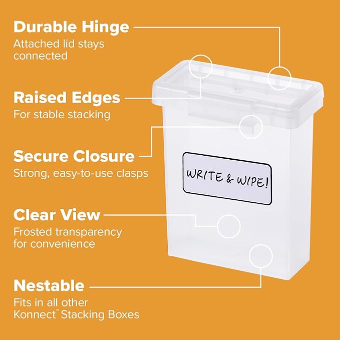 Bostitch Konnect Storage Containers with Lids, Office Organizer, Clear Plastic Box, Stackable for Crayons, Q-tips, Office Supplies, Labels, 0.5 Qt