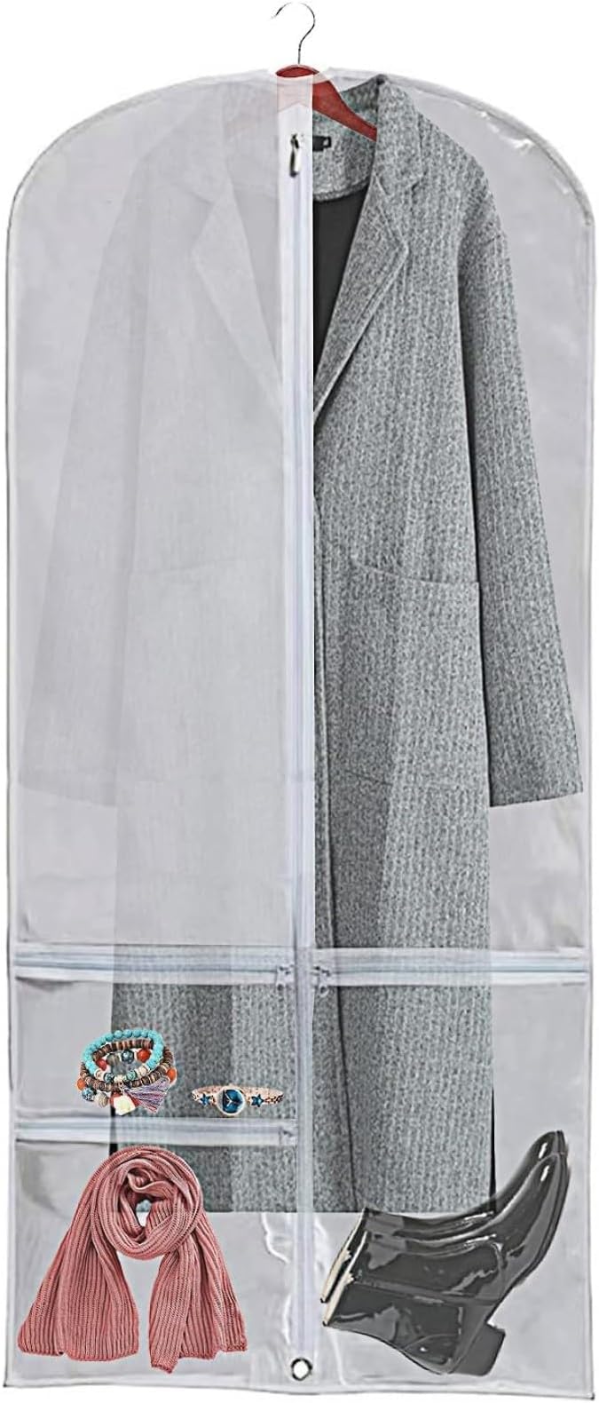 WJWSKI Clear Garment Bags for Hanging Clothes,50 Inch Waterproof Garment Bag for Travel,Clothing Cover Storage Bags with 3 Pockets for Suits,Dress,Coat, Jacket, Sweater, Shirts,Shoes & More
