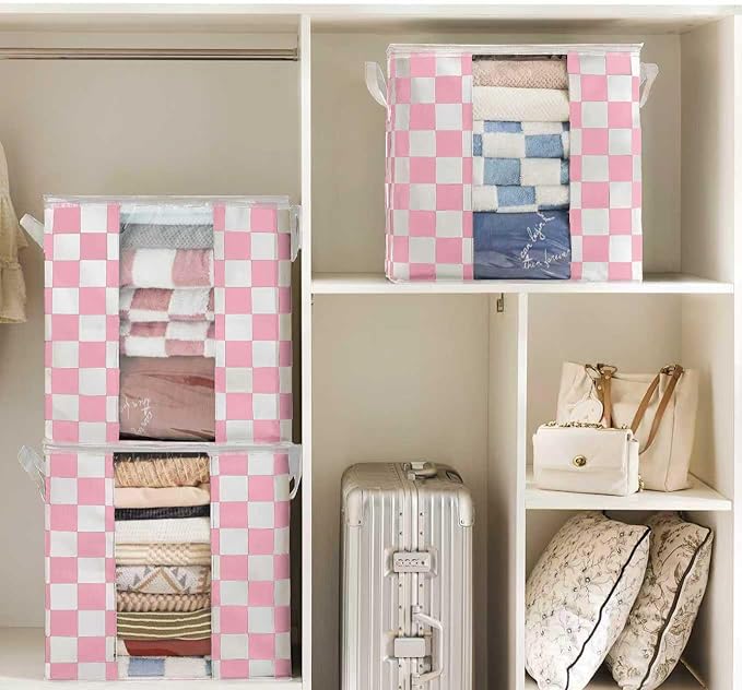 Pink Checkered Clothes Storage Bins, 100L Large Blanket Storage Bags 3 Pack