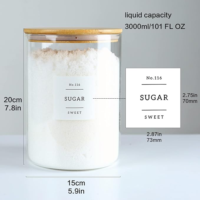 CZSZYGHBAO Large Glass Flour and Sugar Containers Jars with Bamboo Airtight Lid - 100 Fl Oz (3000ml) with Kitchen 42 Pantry Labels for Dry Food, Flour