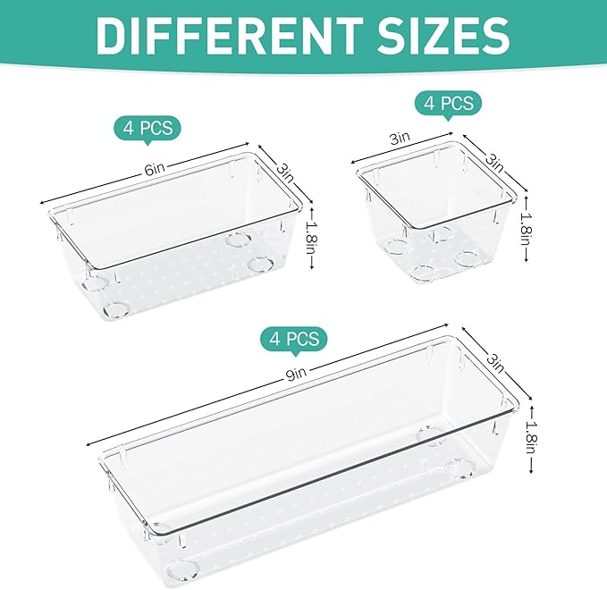 12 Pack Clear Drawer Organizer Set, Acrylic Drawer Storage Trays, Office