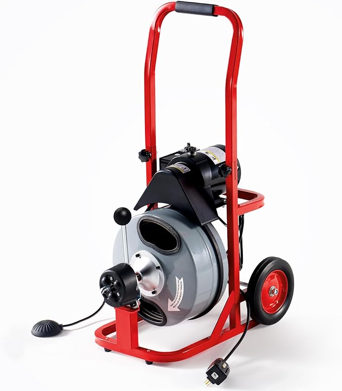 Albott 100 FT x 3/8 inch Electric Drain Cleaner Machine with Auto-Feed & 10 Cutters, Sewer Snake Auger for 1–4 Inch Pipes, Wheels & Foot Switch, Ideal for Home & Commercial Use, Gray/Red