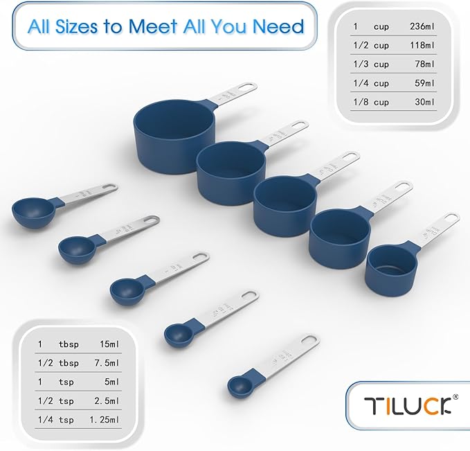 TILUCK Measuring Cups & Spoons Set, Stackable Cups and Spoons, Nesting Measure Cups with Stainless Steel Handle, Kitchen Gadgets for Cooking & Baking (Blue)