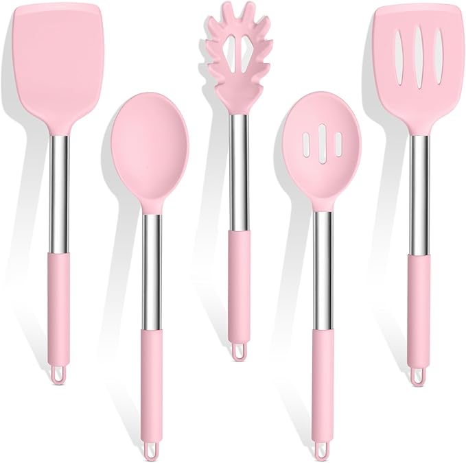 TeamFar Cooking Utensils Set, 5 PCS Silicone Kitchen Utensils with Stainless Steel Handle for Nonstick Cookware Turning Flipping Frying Draining, Heatproof & Healthy, Nonstick & Easy Clean, Pink
