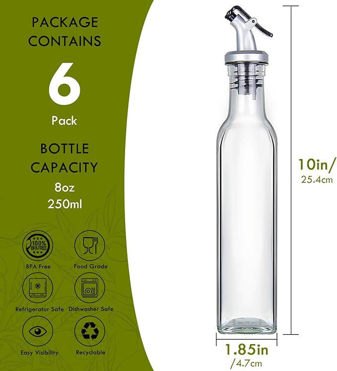 YEBODA 8oz Clear Glass Olive Oil Dispenser Bottles, and Vinegar Cruet Bottle Includes Pourers, Funnel Labels, Cooking Container for Kitchen 6 Pack