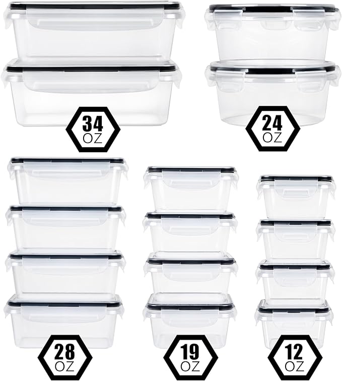 FOOYOO 32 Piece Food Storage Container with Lids (16 Containers + 16 Lids) - Plastic Food Containers with Lid, Airtight Leak Proof Snap Lock, BPA Free Storage Containers