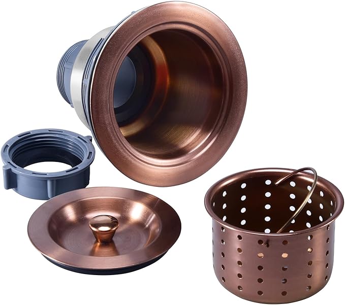 KONE 3/1-2 Inch Sink Drain Assembly Antique Copper Kitchen Sink Drain Kit Copper Stainless Steel Sink Basket Strainer Rubber Stopper