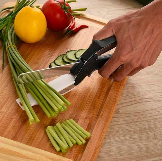 Professional 2-in-1 Kitchen Smart Cutter – Stainless Steel Vegetable Scissors & Food Chopper with Built-in Cutting Board – Multi-Function Slicer for Fruits, Veggies, Cheese, and Meat