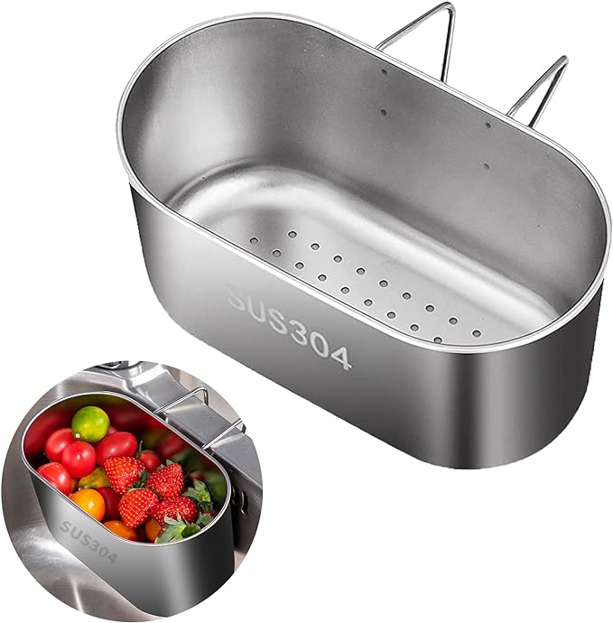 Stainless Steel Sink Drain Strainer Basket, Multifunction Hanging Sink Strainer Colander Drain Basket