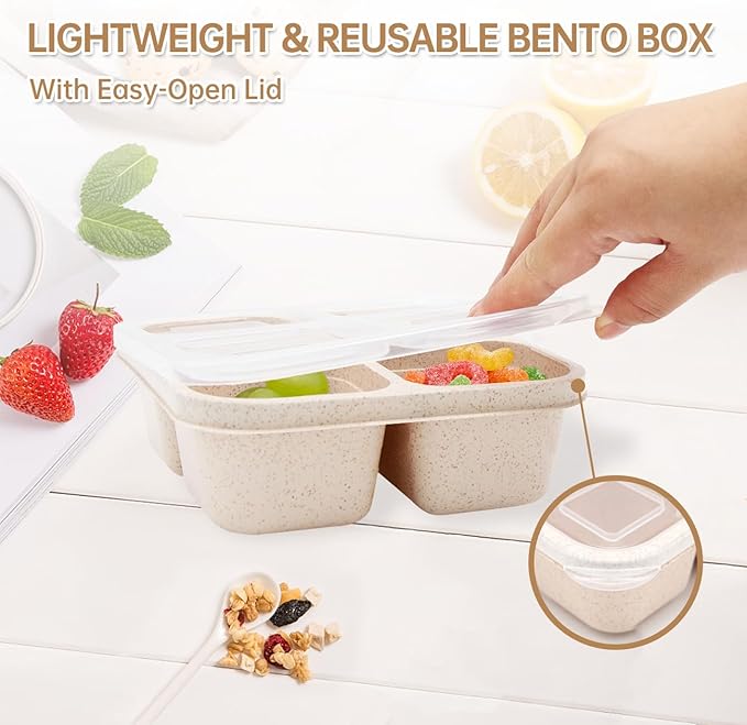 4 Pack Bento Lunch Box，4 Compartment Snack Containers，Divided Bento Snack Box，Meal Prep Containers Kids/Toddle/Adults