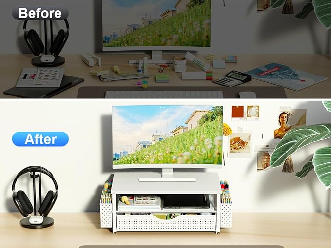 Spacrea Desk Organizer and Accessories, Computer Monitor Stand Riser with Drawer and 2 Pen Holders