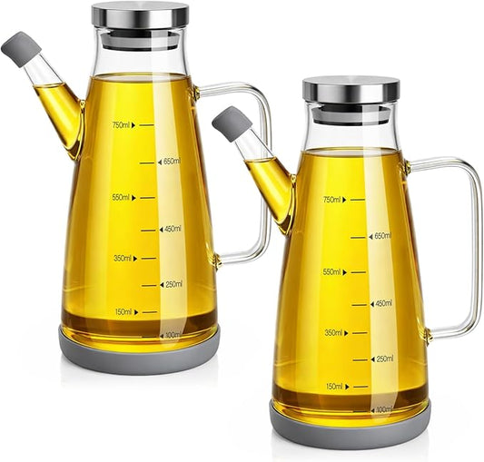 Zhehao 2 Pcs Glass Oil Bottle 25oz/750ml Cooking Oil Dispenser with Stainless Steel lid Drip Free Spout Non Slip Bottom for Kitchen Cooking Barbecue Party