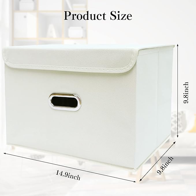STOREONE Fabric Storage Cube Bins Foldable Organizer Container Collapsible Basket with Lids and Metal Handles, for Home, Bedroom, Closet 8 Pcs (Creamy-White)