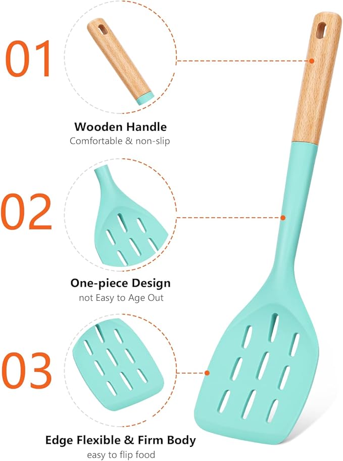Pack of 2 Silicone Spatula, Non Stick Cooking Utensil Set Stainless Steel Handle Kitchen Turner for Baking Mixing Grilling Serving Food Heat Resistant Non Scratch Hooks Included (Green)