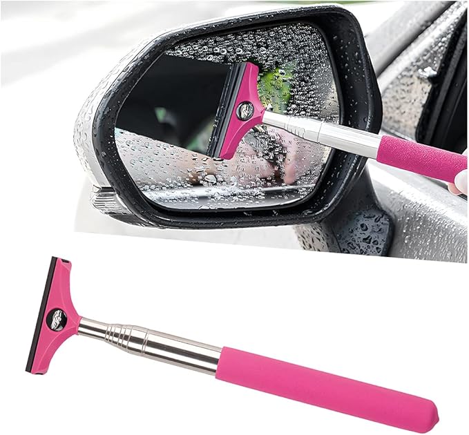 8sanlione Car Rearview Mirror Wiper, American Flag Telescopic Auto Mirror Squeegee Cleaner, Glass Mist Cleaning Tool with Retractable 98cm Handle, Portable Car Windows Water Removal (Pink/Car Logo)