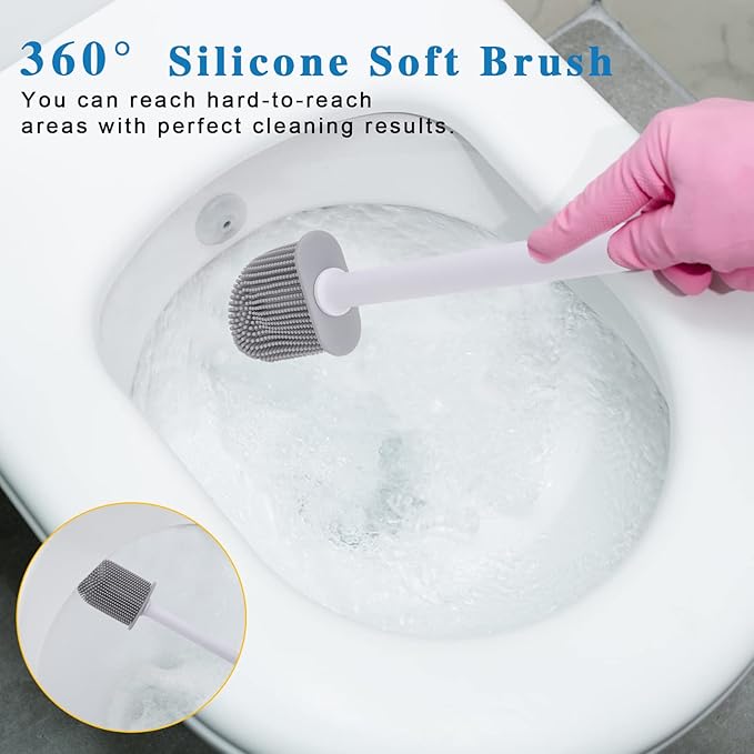 Silicone Toilet Brush and Holder Bendable Efficient Cleaning Wall Mounted Toilet Bowl Brush with Long Handle Brush Head and Silicone Bristles No Rusty