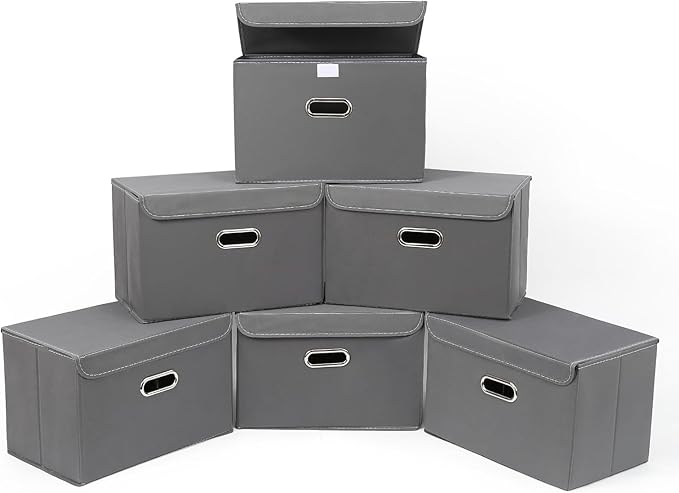STOREONE Fabric Storage Cube Bins Foldable Organizer Container Collapsible Basket with Lids and Metal Handles, for Home, Bedroom, Closet 6 Pcs (Grey)