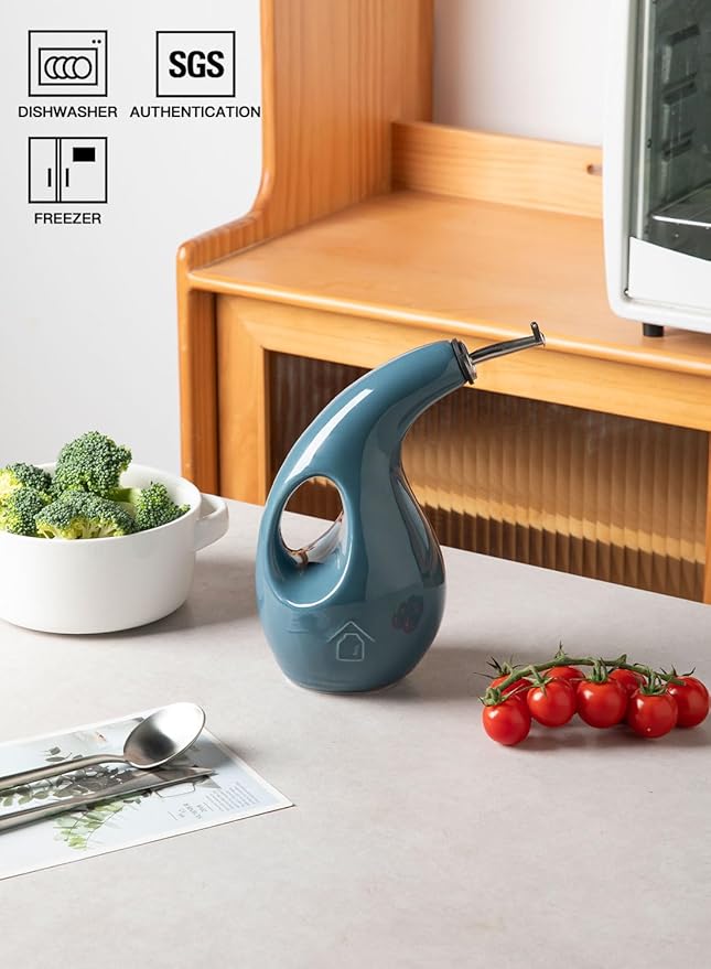 Sweejar Ceramic Olive Oil Dispenser Bottle, 24 Oz Opaque Cruet Protects EVOO Oil to Reduce Oxidation, Suitable for Storage Vinegar, Coffee Syrups, Liquids (Fog blue)
