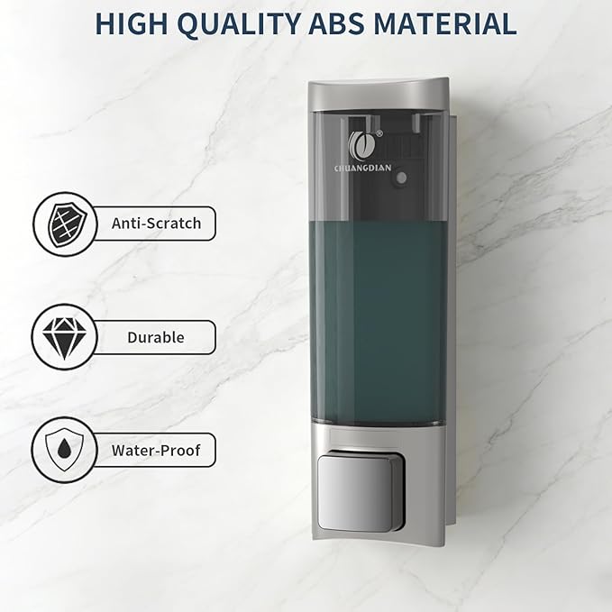 Manual Soap Dispenser Wall Mount, 6.76oz/200ml Liquid Soap Dispenser for Kitchen, No Drill Bathroom Shampoo and Conditioner Dispenser, Refillable Hand Sanitizer Dispenser for Home & Office (Sliver)