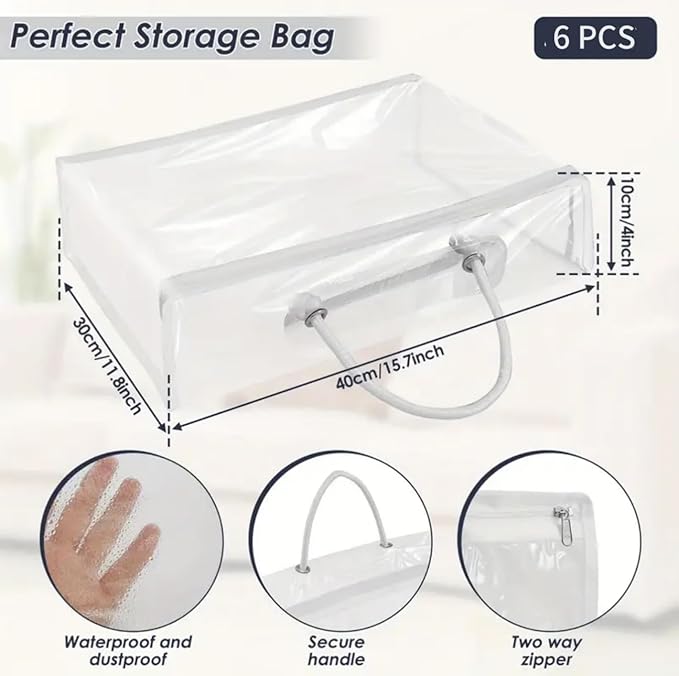 6 Pcs (16 * 12 * 4 Inch) Zippered Plastic Storage Bags, Transparent Zippered Storage Bags For Storing Linen Sweaters, Blankets, And Bed Sheets In Wardrobes