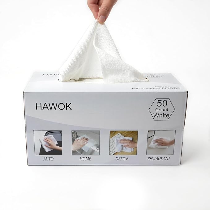 HAWOK Microfiber Cleaning Cloths, 11.8 x 11.8 inches, 50 Pack, Glass Car Window Dish Cloths, Reusable and Machine Washable, Lint-Free, White