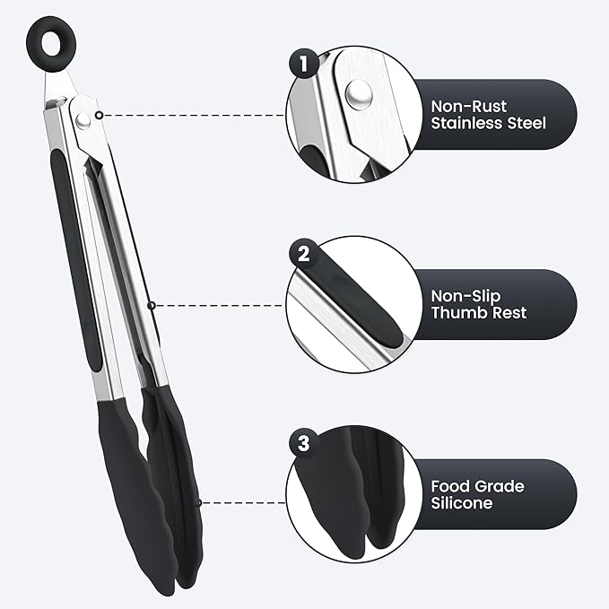 7-Inch Silicone Tongs Pack of 6, Small Stainless Steel Tongs with Silicone Tips for Cooking, Serving, BBQ, Grilling, Salad, Buffet, Party (7", Black/Gray/White)