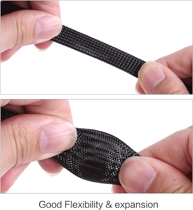 Keco 50ft – 1/4 inch & 1/2 inch PET Expandable Braided Cable Sleeve – Wire Sleeving for Audio Video and Other Home Device Cable Automotive Wire - Black