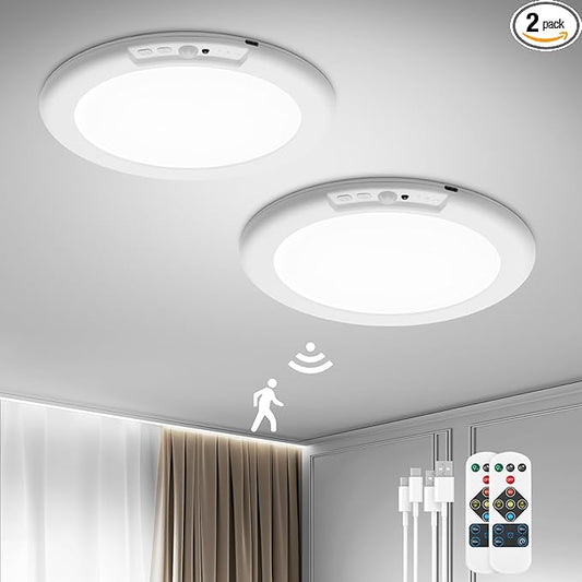 Bojim Rechargeable Ceiling Lights with Remote Wireless Battery Operated Motion Sensor Waterproof Shower Lighting, 3CCT & Dimmable Stick On Closet Overhead for Pantry Porch Renter Friendly 2 Pack