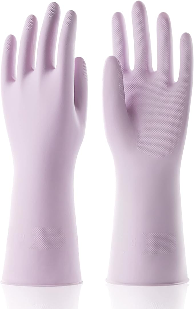 COOLJOB Small Household Rubber Gloves with Cotton Liner & Non-slip Grip, Waterproof Long Lasting Dishwashing Gloves for Kitchen & Bathroom Cleaning, Purple, 1 Pair
