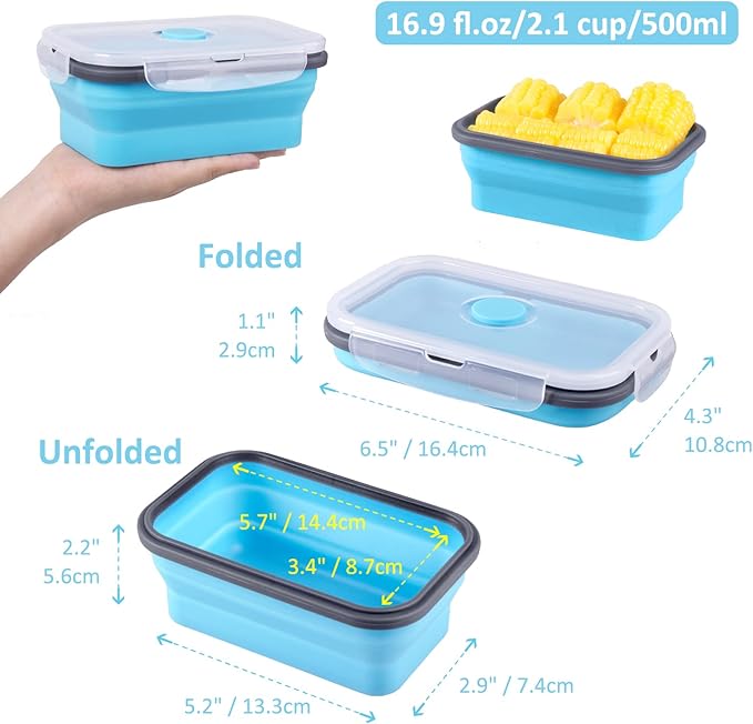 Collapsible Food Storage Containers with Airtight Lid, 16.9 oz, Small Kitchen Stacking Silicone Collapsible Meal Prep Container Set for Leftover