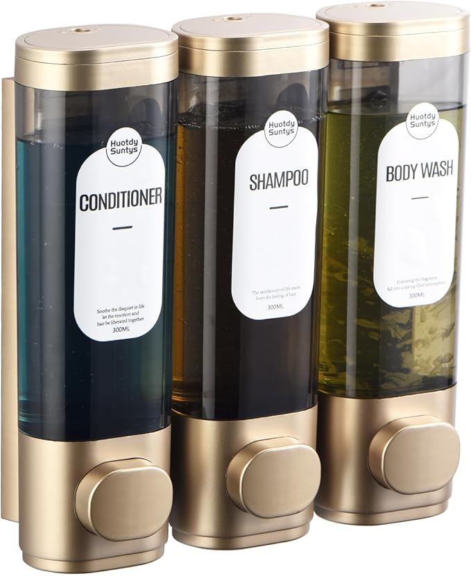 Shampoo and Conditioner Dispenser, Refillabe Shower Soap Dispensers 3 Chamber No Drill Shampoo Dispenser for Shower Wall Mounted 3 * 300ml Container for Bathroom Hotel (Bronze Gold 3 Chamber)