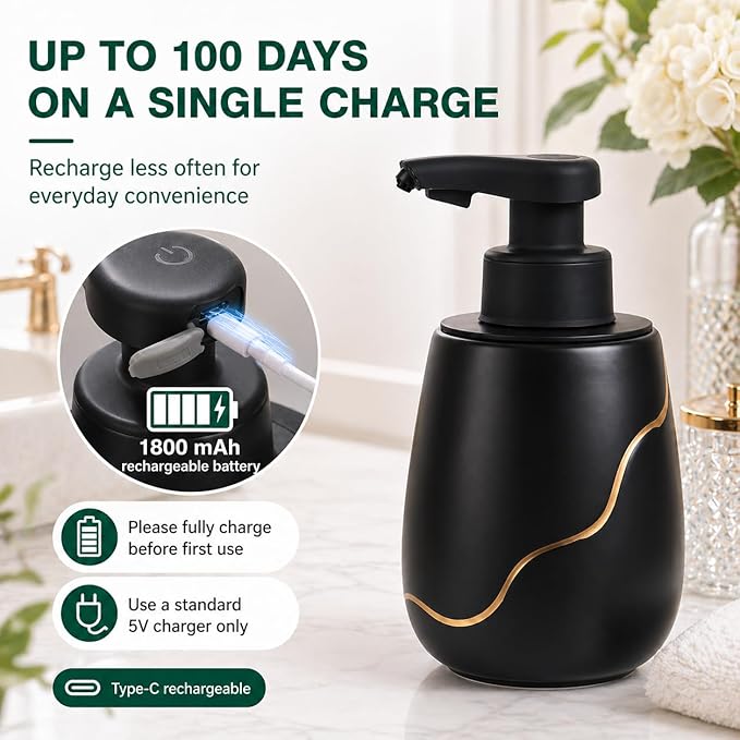 BosilunLife Automatic Soap Dispenser Bathroom - Liquid Hand Free Dispenser Smart Electric Lotion Soap Dispenser Touchless with Waterproof Pump Rechargeable Dish Soap Dispenser Ceramic Black